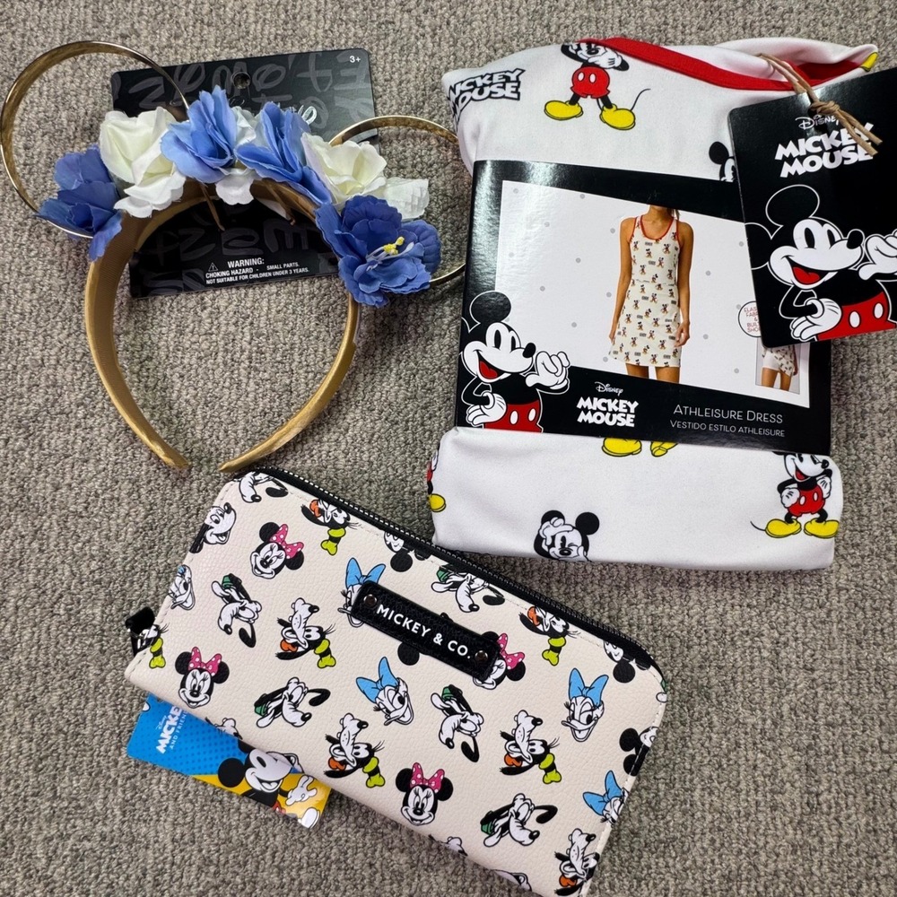 Disney Mickey Mouse Athleisure Dress M Mickey & Co Wallet Floral Ears Bundle NWT